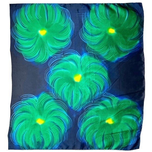 Silk Charmeuse Scarf Blue Green Yellow Floral Abstract Water Lilies Orchid EUC